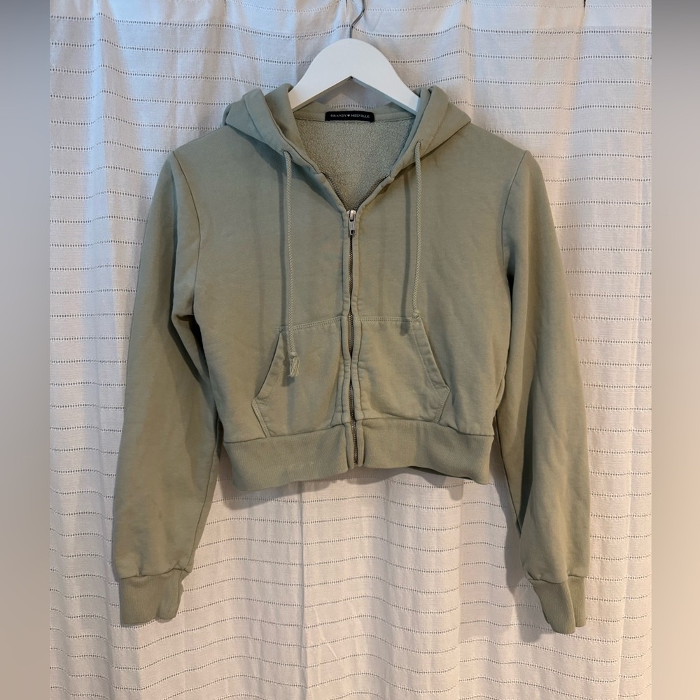 Brandy Melville Sage Green Cropped Full Zip Hoodie